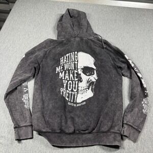Beautiful Disaster Hoodie Women L Gray Wash Skull Graphic Pullover Streetwear
